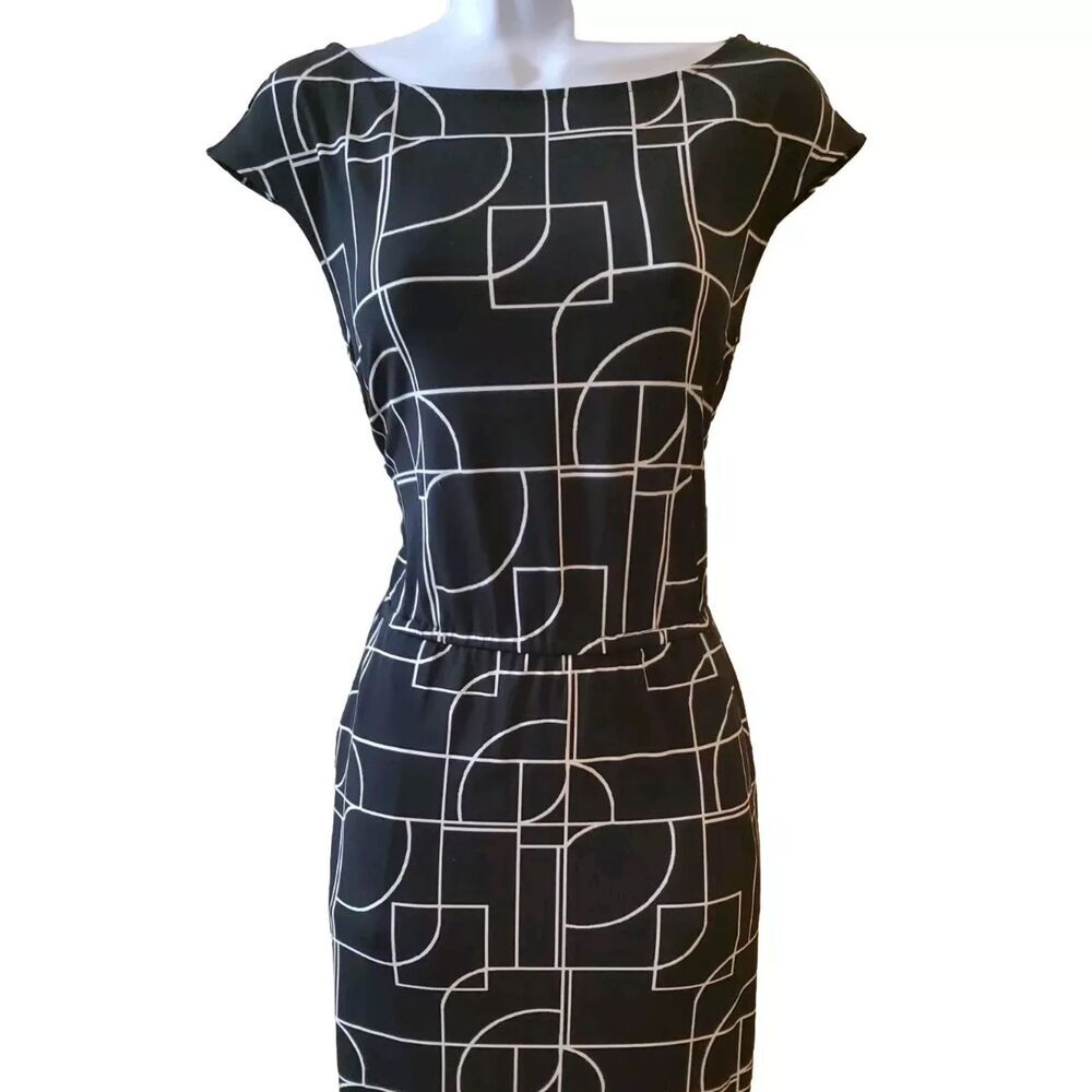 White House Black Market Women's Dress High Neck Black White XS Geometric Print